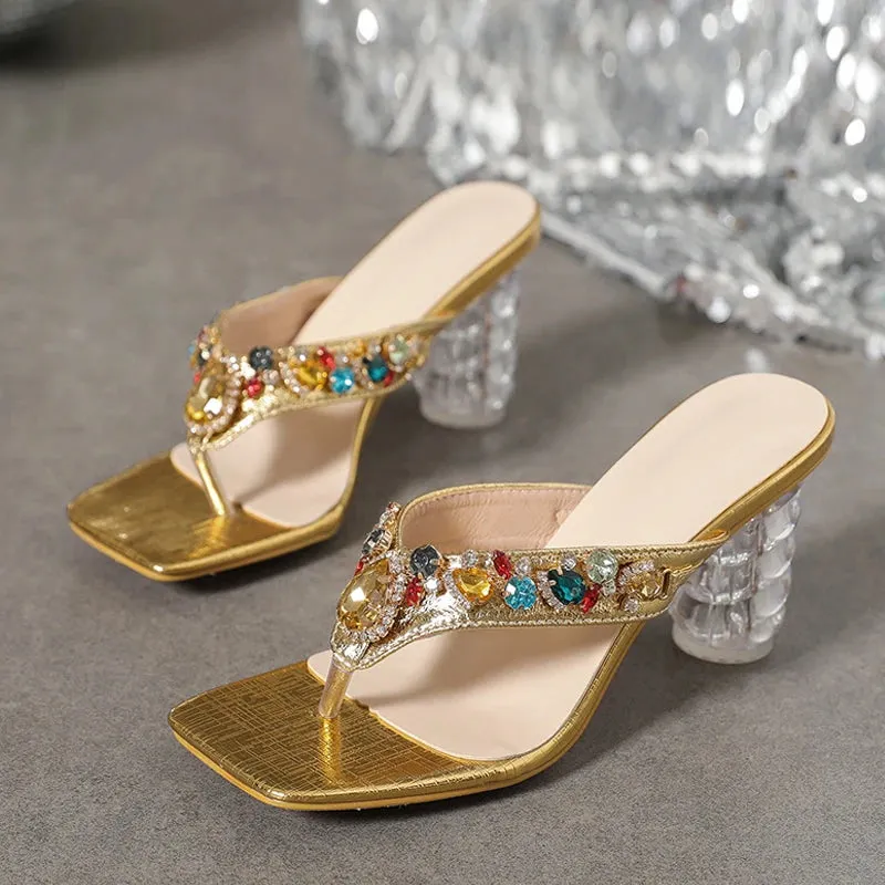 Hnzxzm Fashion Colour Gem Rivet Women Slippers Sandals Transparent Strange Low Heels Slides Shoes Summer Beach Party Flip Flops