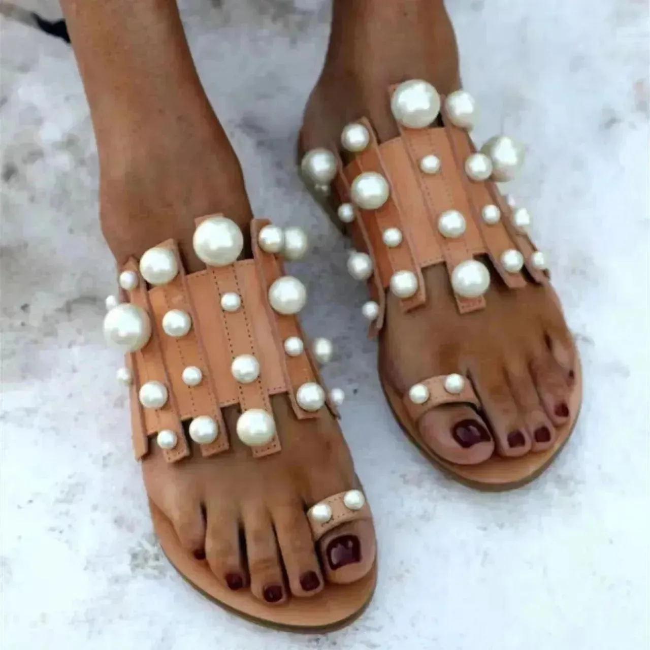 Summer Outdoor Ladies Flat Toe Pearl Beach Slippers