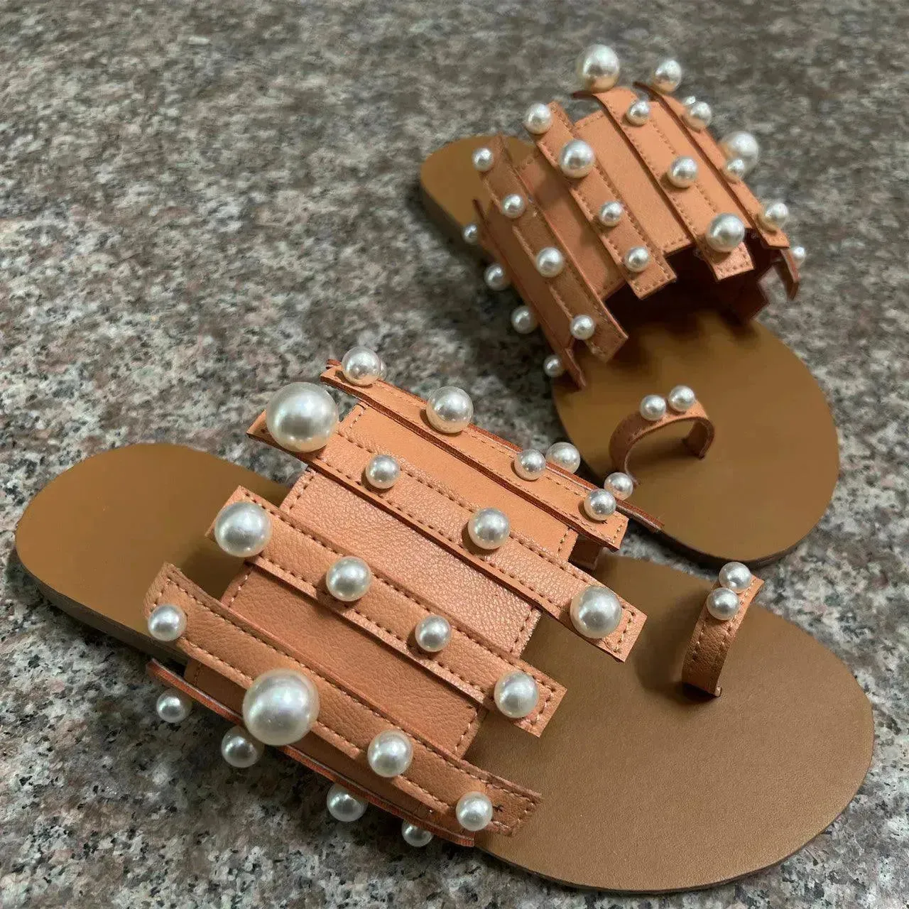 Summer Outdoor Ladies Flat Toe Pearl Beach Slippers