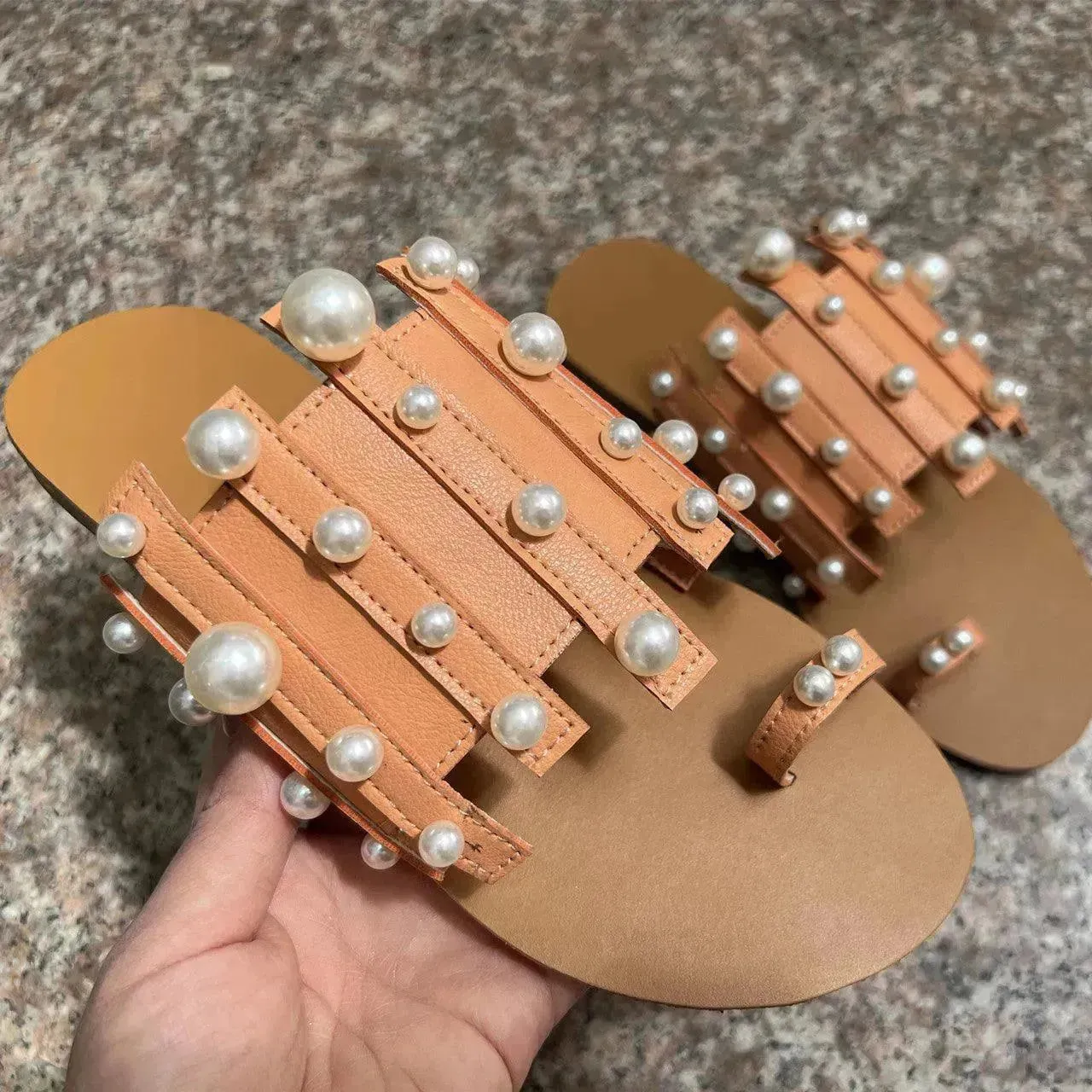 Summer Outdoor Ladies Flat Toe Pearl Beach Slippers